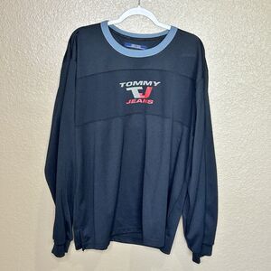 VTG Tommy Jeans Logo Spellout Mens XXL Blue Gray Trim Long Sleeve Pullover 66475